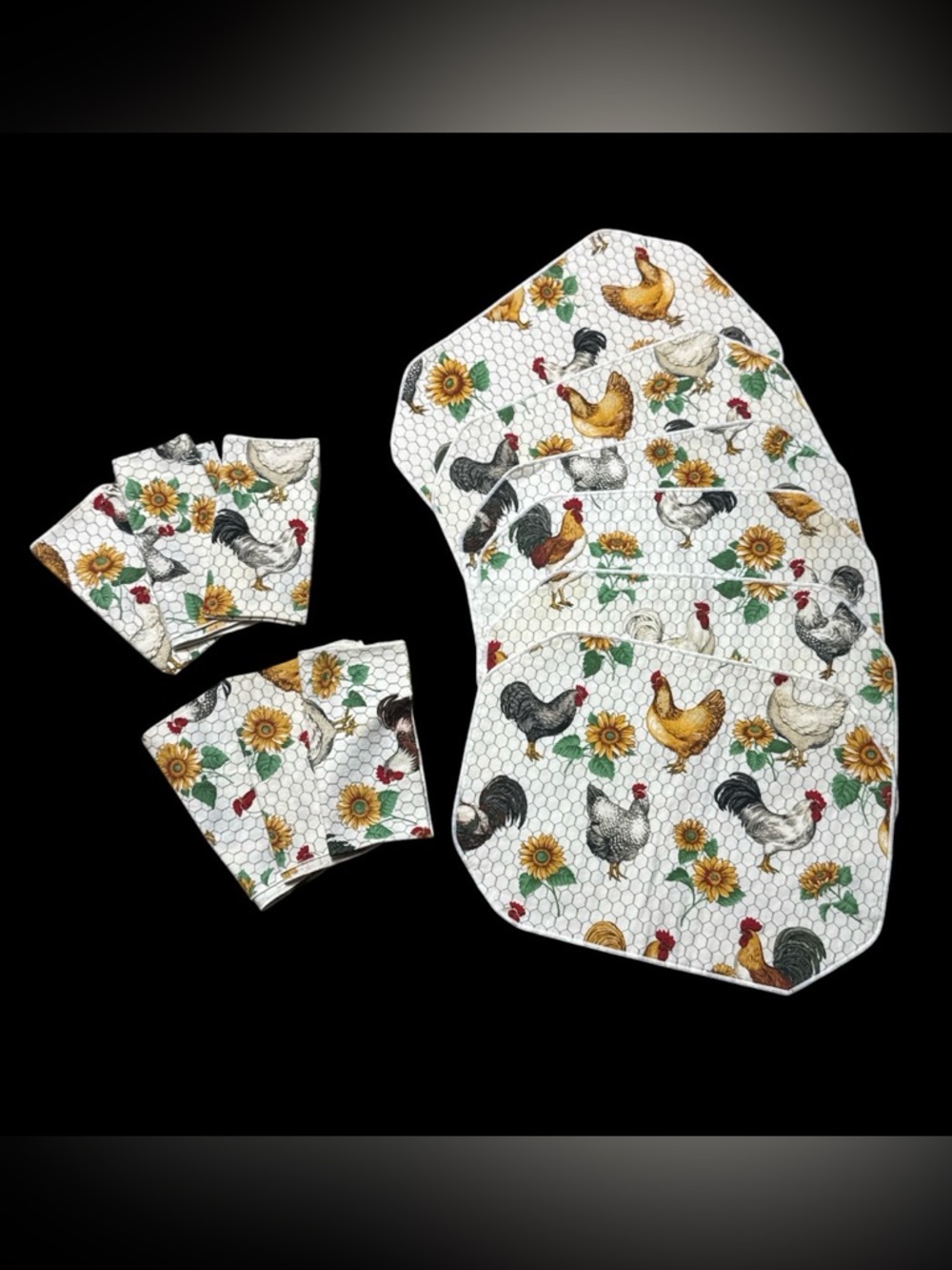 Vintage Sharon Kessler Farmhouse Chicken Sunflower Table Placemats & Napkin Set